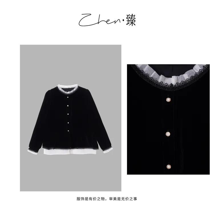 ZHEN.臻 法式轻奢蕾丝网纱假两件娃娃衫真丝丝绒外套衬衫SY7171Z