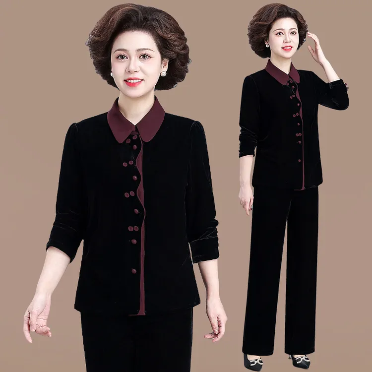 中老年高端金丝绒套装长袖女上衣春秋2025新款衬衫妈妈装洋气小衫