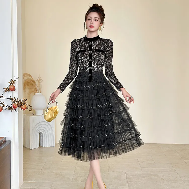45350 法式名媛风连衣裙复古蕾丝拼接长裙拼接长袖气质优雅蛋糕裙
