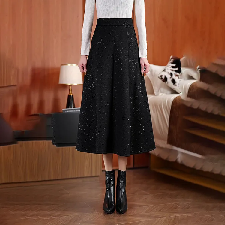 亮闪高级感洋气赫本风A字裙小黑裙伞裙气质大摆裙中长款半身裙