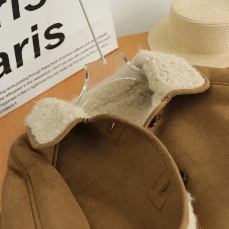 复古仿麂皮绒皮毛一体小香风短外套女焦糖色翻领夹克高级感