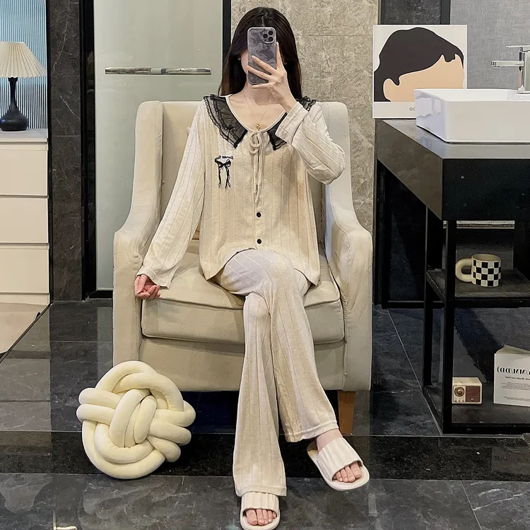 加厚保暖羊绒睡衣女春秋季新款黑色蕾丝秋冬外穿小个子家居服套装