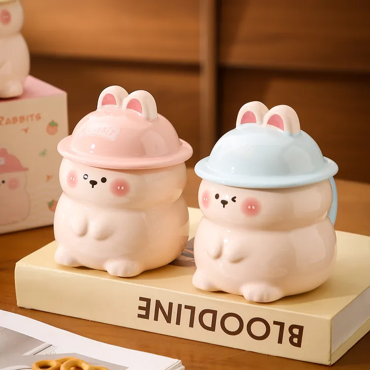 可爱兔子造型潮流马克杯创意带盖勺陶瓷喝水咖啡杯生日礼物情侣杯