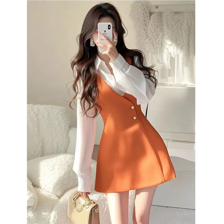 【bing】法式高级贵气穿搭气质名媛小香风橙色假两件连衣裙2025春季