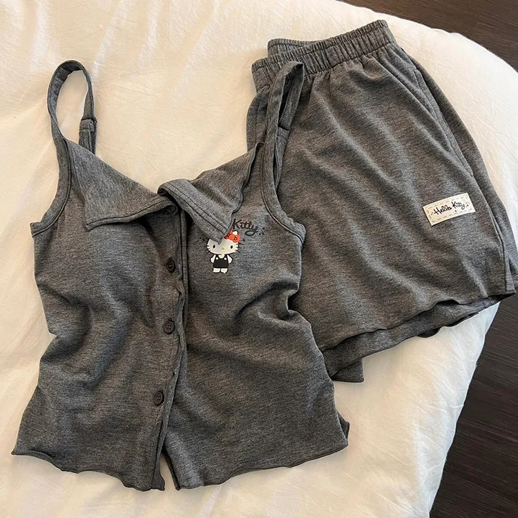 睡衣女爆款2025新款可爱卡通Kitty猫带胸垫吊带夏季家居服套装