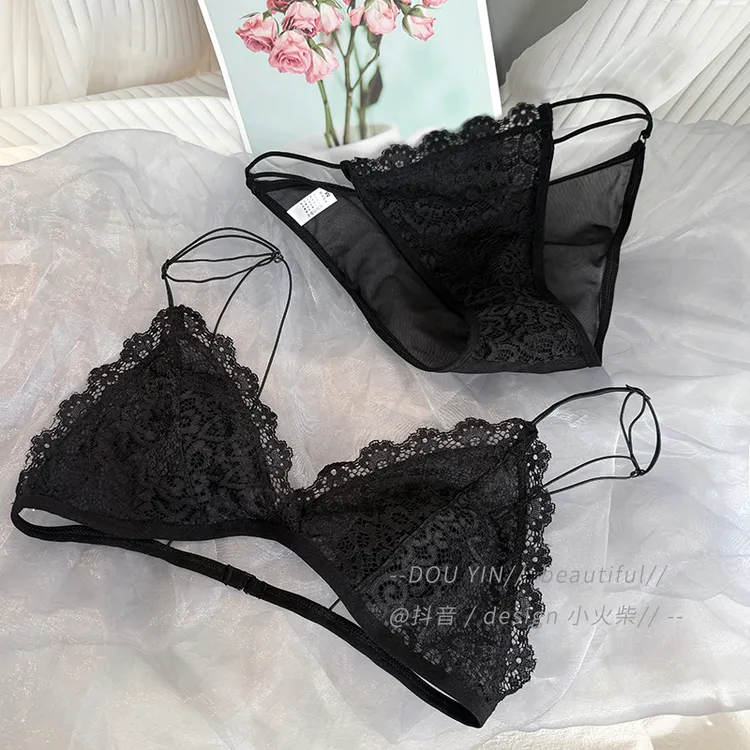 吊带美背纯欲蕾丝内衣女法式无钢圈小胸三角杯超薄款夏季细带文胸