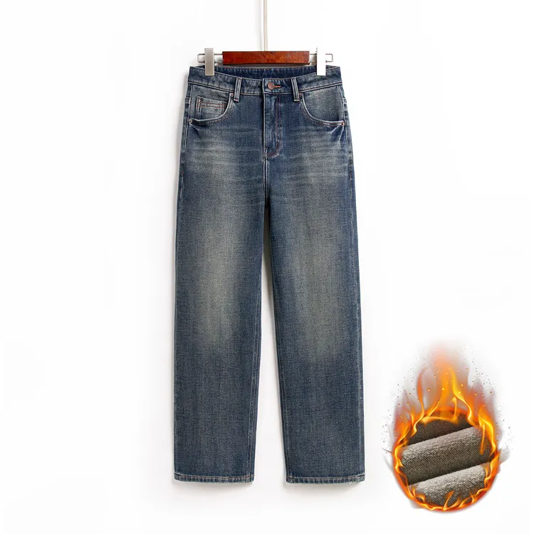 自媒体冬季新款加绒阔腿九分显瘦奶奶裤牛仔裤2025新款女裤子907