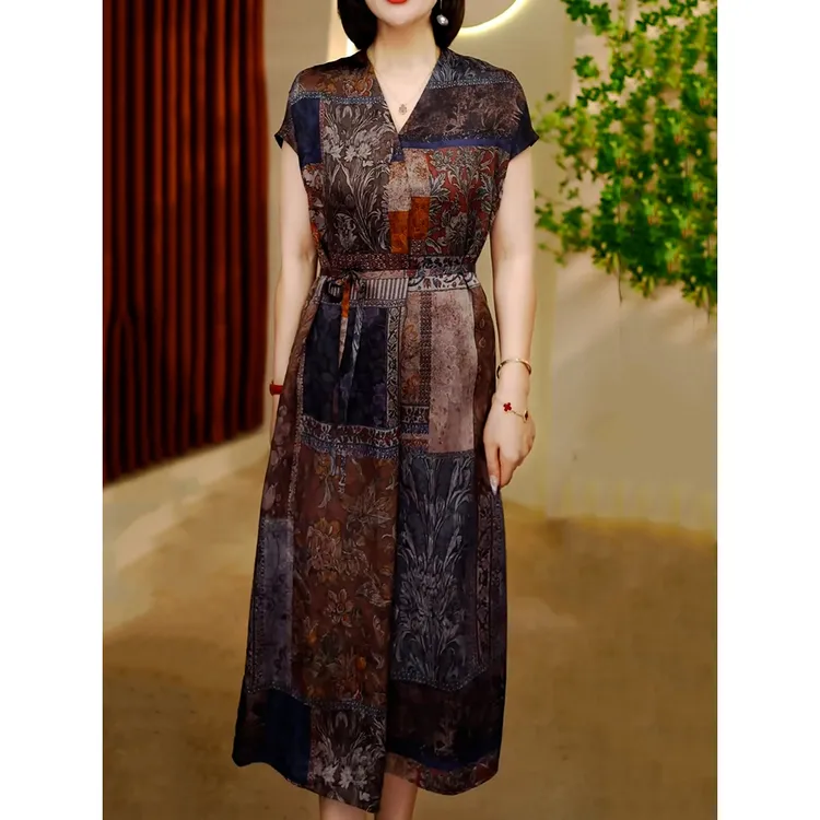 端庄优雅印花连衣裙女2025夏季新款洋气时尚系带V领显瘦收腰A字裙