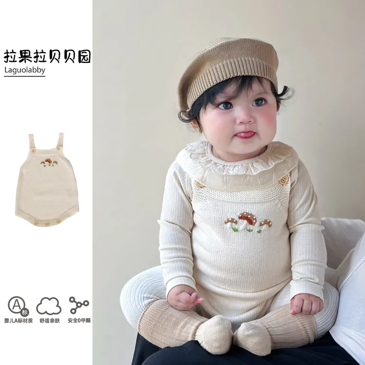 拉果拉贝贝园韩系女宝宝针织背带裤小月龄宝宝毛衣开衫包屁衣套装