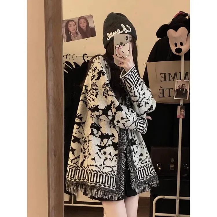法芬图复古提花流苏毛衣开衫外套女秋冬款大尺码宽松慵懒风小众针