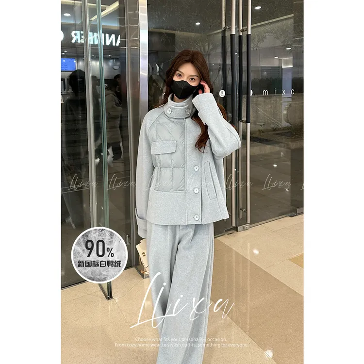 Liixu秋冬立领拼接90白鸭绒羽绒服外套女显瘦阔腿裤套装L48TZ080