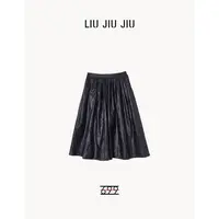 LIUJIUJIU 早秋新款欧货碎褶微松紧设计半身时尚黑色皮裙BQ4556L