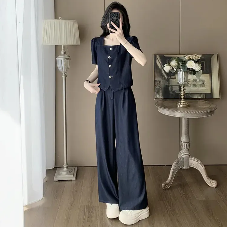 高级感时尚韩版套装女2025年夏季新款洋气方领小衫阔腿裤两件套潮