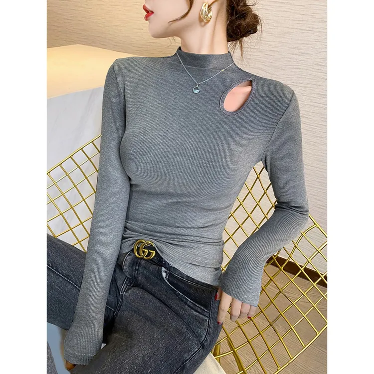 灰色半高领打底衫女内搭春季2025新款修身洋气长袖设计感镂空上衣