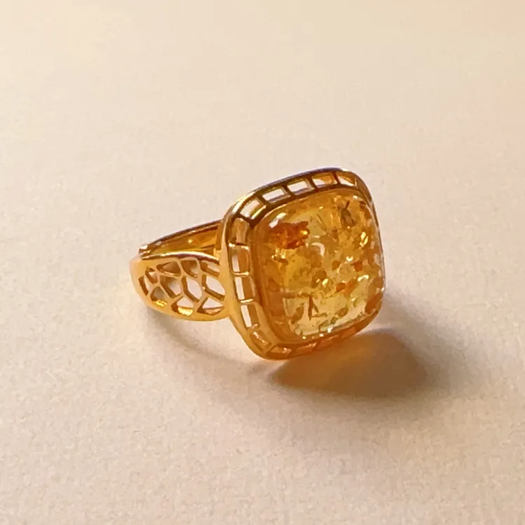 天然俄罗斯花珀戒指 可调节银镶嵌时尚精美轻奢气质简约开口戒