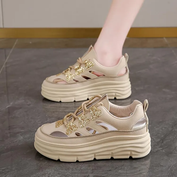 薄款运动鞋女2025新款夏季厚底内增高女鞋透气包头凉鞋镂空洞洞鞋