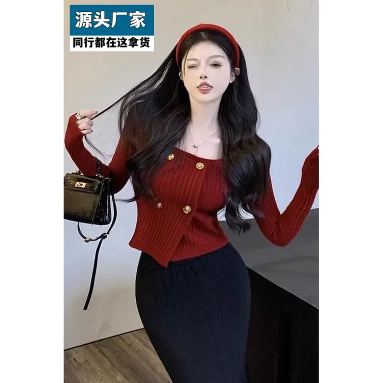 梵乐芬法式复古长袖针织开衫女装秋冬双排扣修身气质短款毛衣打底