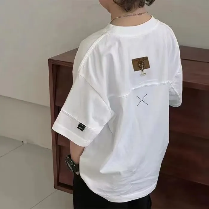 2025男童夏季短袖纯棉T恤韩版宽松时尚百搭休闲拼接短袖