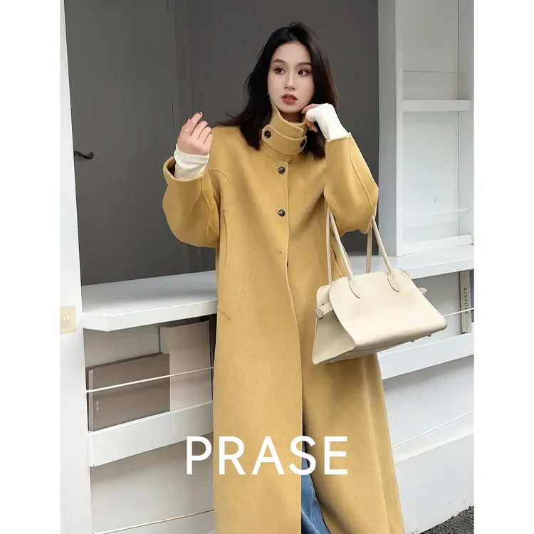 PRASE·噜【琥珀落叶】苏力羊驼毛气质极简立领长双面呢大衣PR06532
