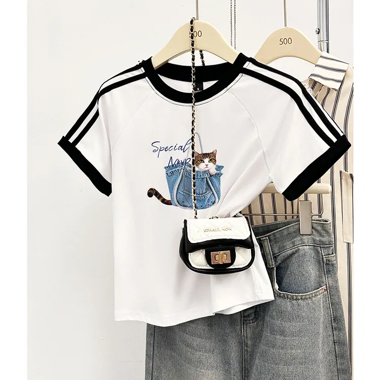 潮牌美式条杠修身正肩短袖t恤女夏季2025新款辣妹拼接圆领上衣潮