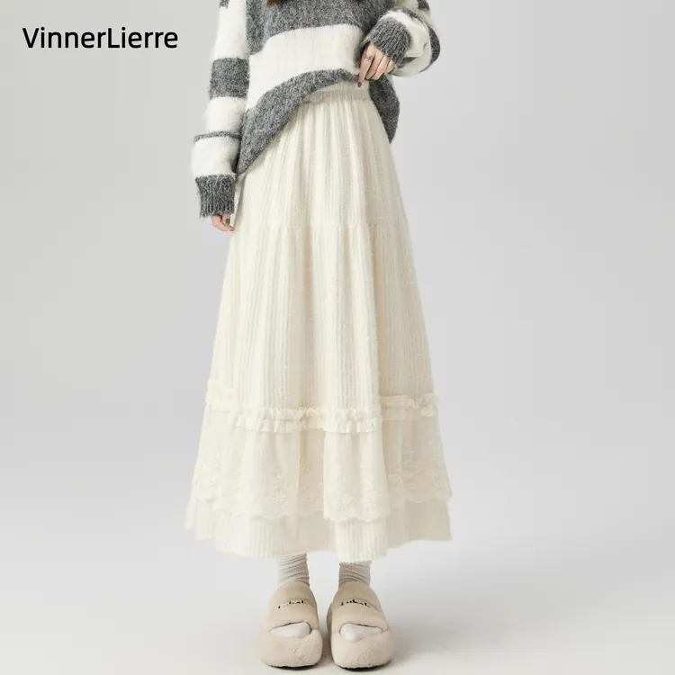薇妮诺蕾丝长裙白色秋冬加厚蕾丝拼接蛋糕裙毛绒半身裙a字温柔风