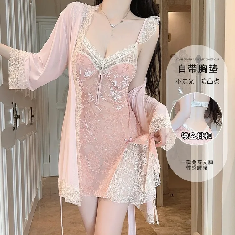 甜美诱惑飞袖深V露背加胸垫丝绒睡裙外袍女套装5960