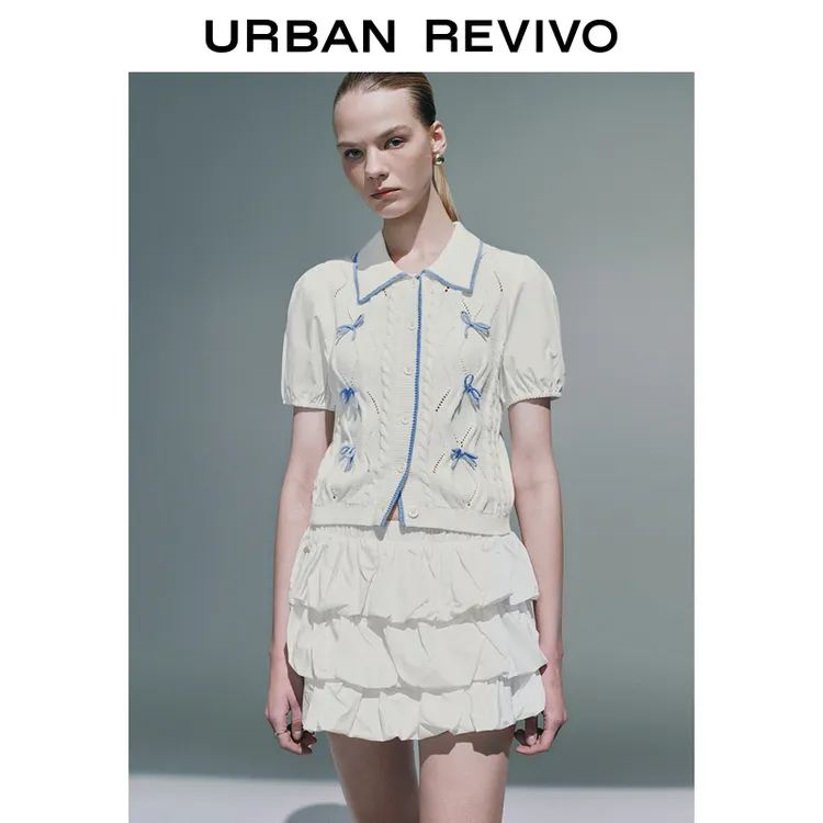 UR2025春季新款女装减龄学院风蝴蝶结肌理针织开衫UYY950055