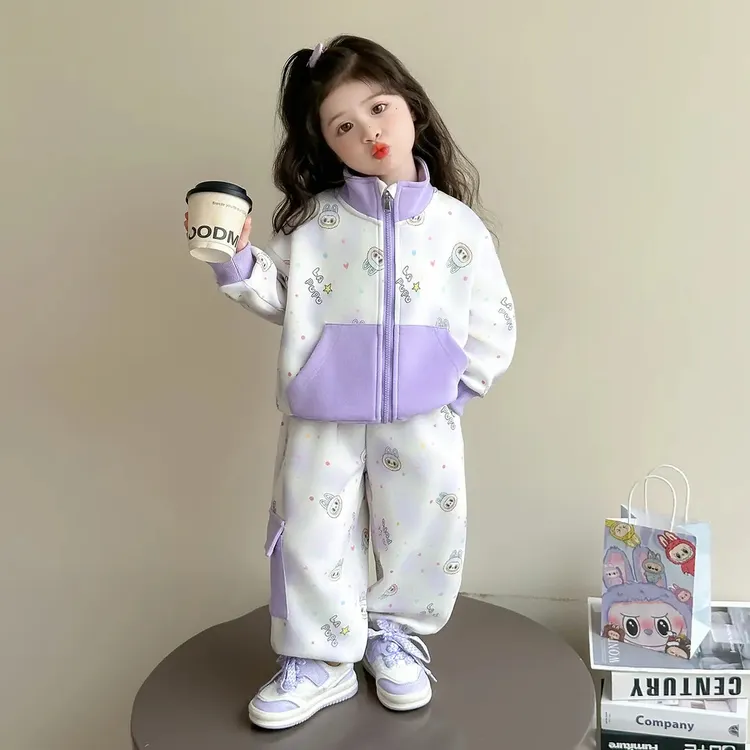 女童洋气秋季拉布布套装2025新款儿童可爱拼色满印外套长裤两件套