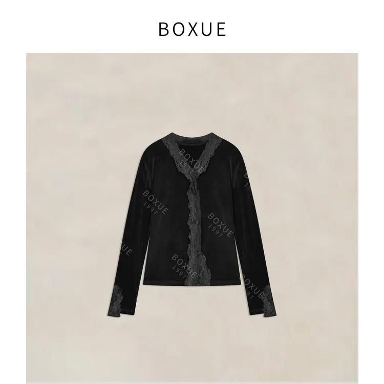 BOXUE”花未眠”2025秋冬桑蚕丝蕾丝刺绣设计轻奢 T恤#251212T7633