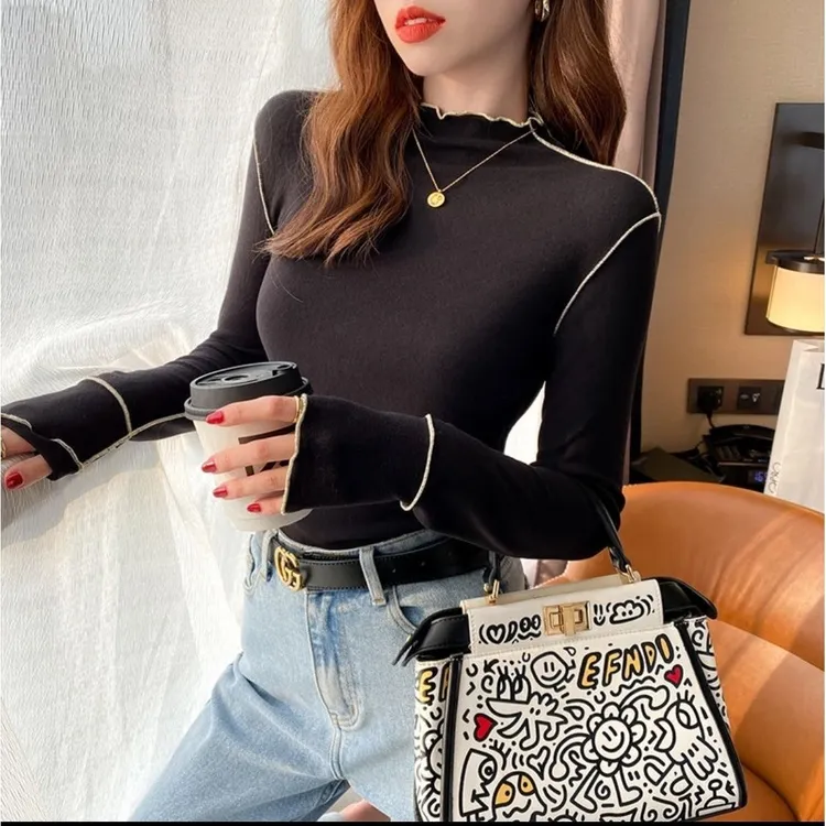 2025清货款F欧货美拉德色系高领打底秋冬保暖木耳边上衣