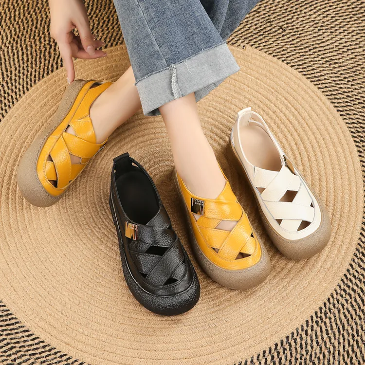 夏季真皮舒适中老年镂空单鞋圆头一脚蹬平底洞洞鞋休闲软底皮鞋女