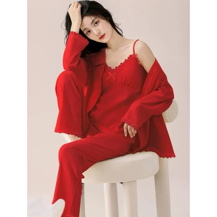 春秋季新款正红色带胸垫吊带长袖三件套睡衣女本命年结婚新婚套装