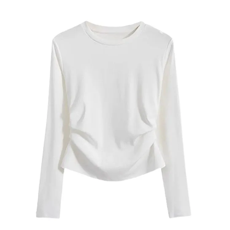 秋季圆领正肩长袖T恤女修身小衫设计感别致褶皱上衣