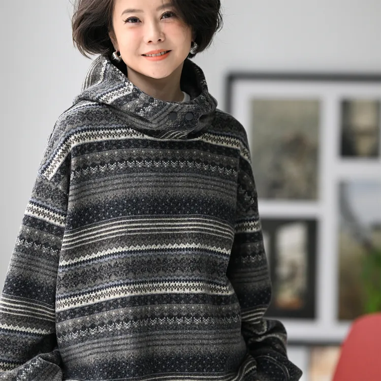 包邮R95200 文艺复古圣诞拼色加厚直筒条纹连帽卫衣女25秋冬