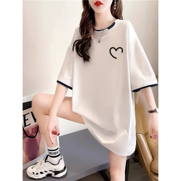 2025夏季新款白色短袖t恤女休闲百搭大码显瘦宽松圆领设计感上衣