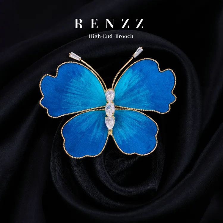  1529【绒花蝴蝶】蓝色设计师款胸针