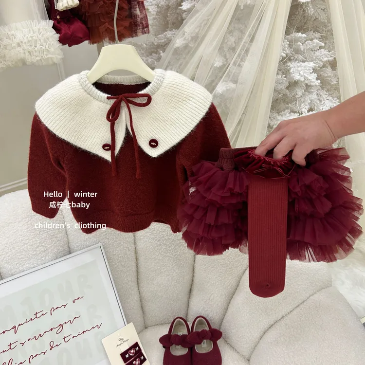 【咸柠七】原创！女童新年战袍年服套装红色毛衣蛋糕裙tutu裙两件套