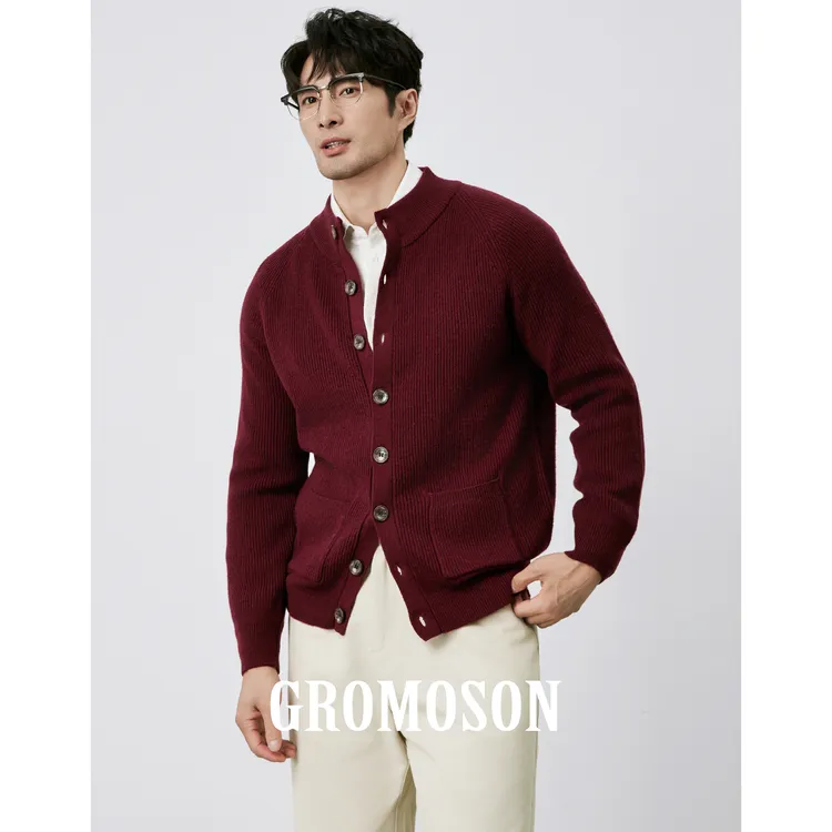 秋冬100%绵羊毛加厚立领针织开衫毛衣男士时尚多口袋保暖羊毛外套