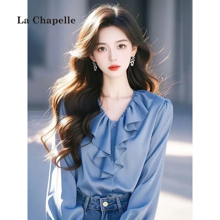 拉夏贝尔法式小香风雪纺衫独特漂亮上衣小众蓝色荷叶边衬衫女早春