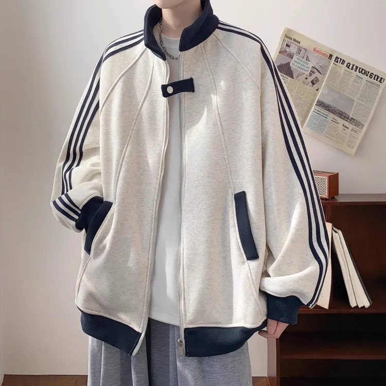 VIBE美式高街条纹夹克外套男秋拼接上衣宽松百搭运动棒球服外套