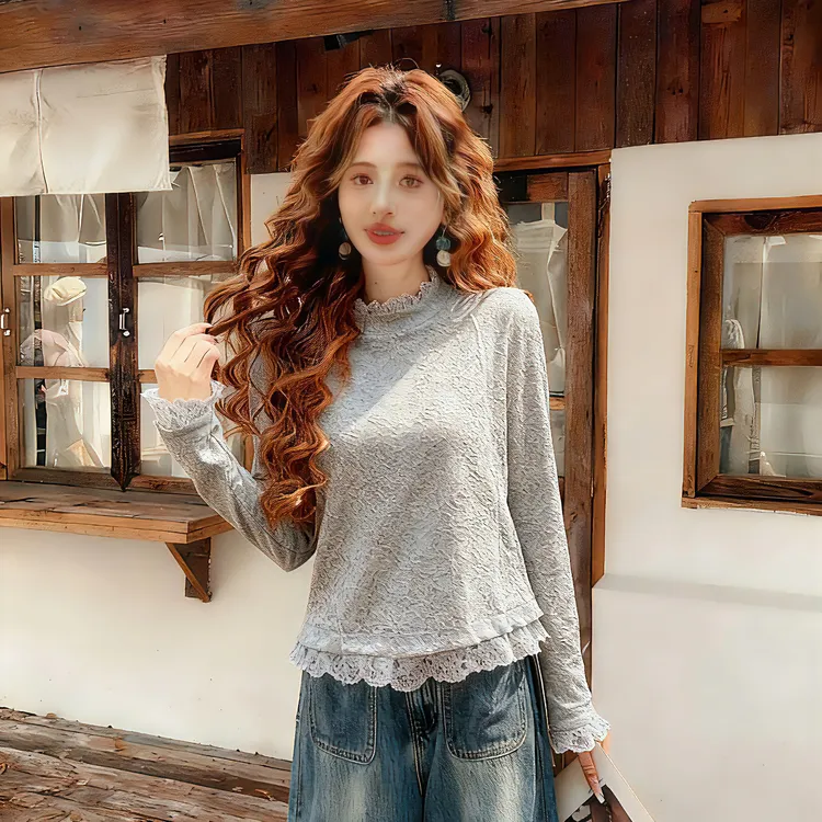 蕾丝拼接设计感加绒长袖针织打底衫秋冬复古百搭可卫衣女冬季加绒