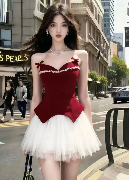 静奢高级感时尚千金风红色露肩V领抹胸上衣+白色网纱蓬蓬裙两件套