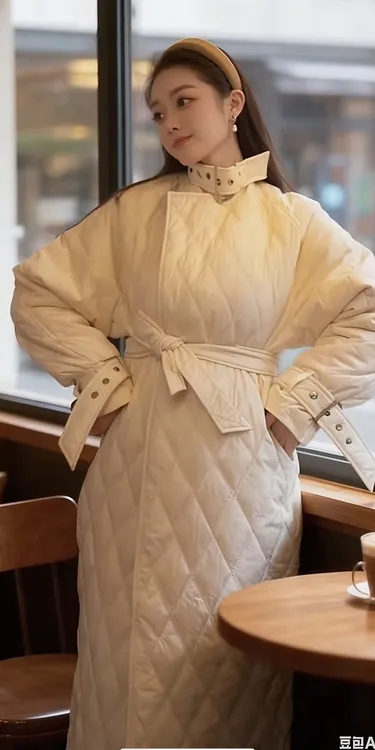 气质设计师款立领系带夹棉长款棉外套