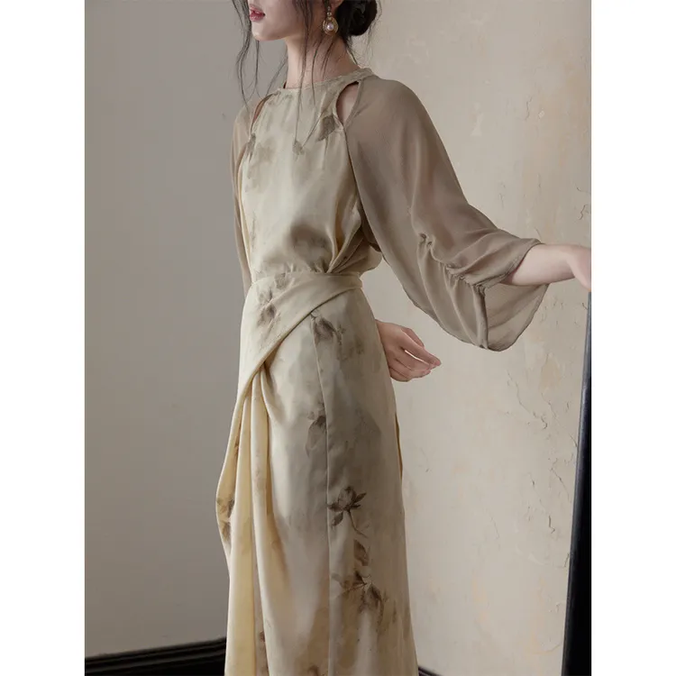 DouNip轻奢2025水墨遮肚子薄款拼接中国风中袖收腰裙子浪漫新中式