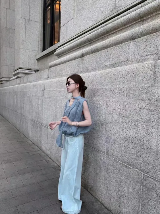 夏季新款温婉大方衣服韩系打底v领飘带无袖衬衫休闲宽松阔腿裤