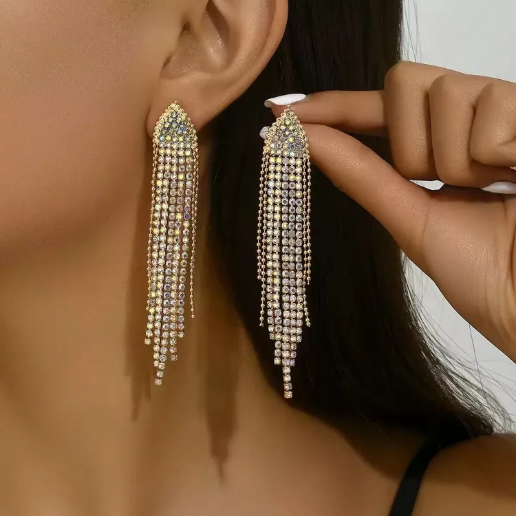 合金锆石耳饰 满钻几何三角水钻长款流苏耳饰百搭耳环大气轻奢