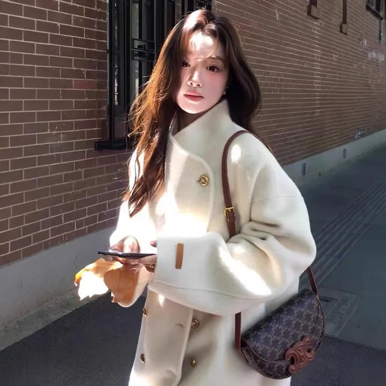 金扣中长款双面羊毛大衣女2025秋冬季高级感韩系立领宽松毛呢外套