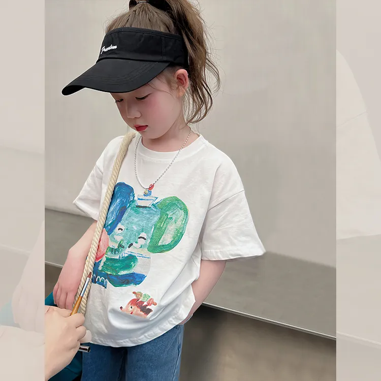娇娃布迪纯棉儿童短袖上衣女童落肩白t恤大童装洋气中袖女孩夏装