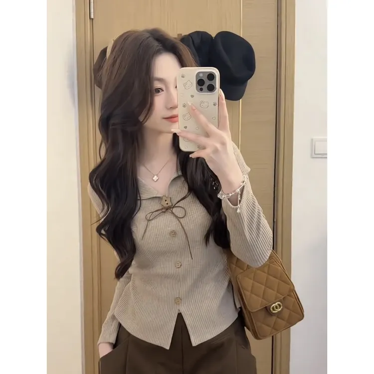 韩系chic高级感蝴蝶结v领长袖t恤女秋季修身内搭褶皱收腰打底上衣