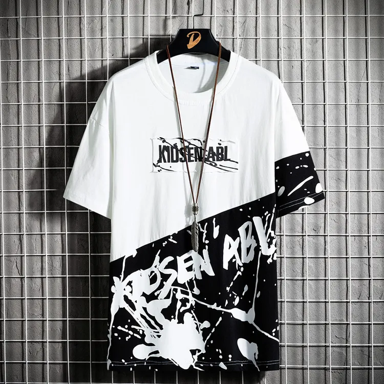 夏季男士短袖字母个性潮流宽松透气上衣夏季黑白印花男士宽松T恤